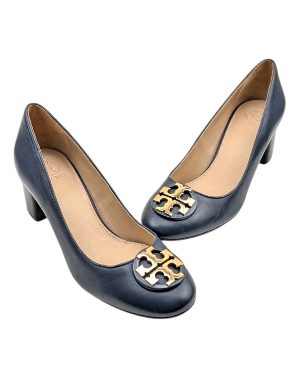 Tory Burch Janey Navy Leather Logo Block Heel Pumps Size 7 EUC $325 S4191